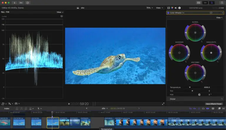 Nella foto si vede una schermata di Final Cut Pro dove si sta correggendo l'esposizione.