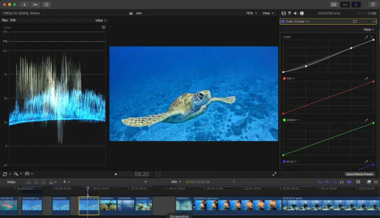 Nella foto si vede una schermata di Final Cut Pro dove si sta migliorando il contrasto.
