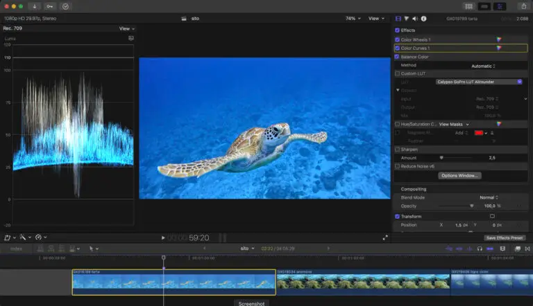Nella foto si vede una schermata di Final Cut Pro dove si sta applicando Bilanciamento del bianco automatico.