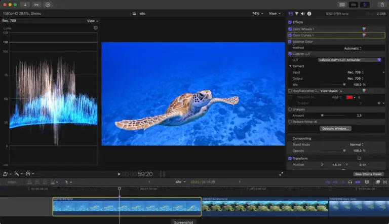 Nella foto si vede una schermata di Final Cut Pro dove si sta applicando la la custom LUT.