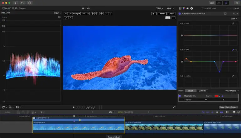 Nella foto si vede una schermata di Final Cut Pro dove si sta usando la correzione selettiva con la magnetic mask.