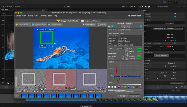 Final Cut Pro offre strumenti integrati per entrambe le operazioni; tuttavia, per ottenere risultati di qualità superiore, utilizzo plugin di terze parti come “Neat Video”, un plugin professionale noto per la sua efficacia sia nella riduzione del rumore sia nell’aumento della nitidezza.