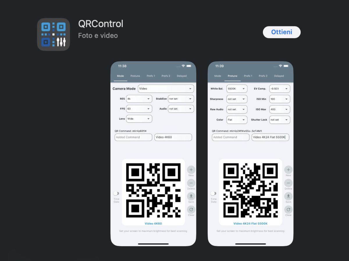 Screenshot dell'app GoPro QRControl.