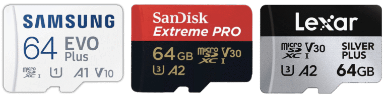 Questa immagine mostra tre schede microSD adatte alle riprese con GoPro.