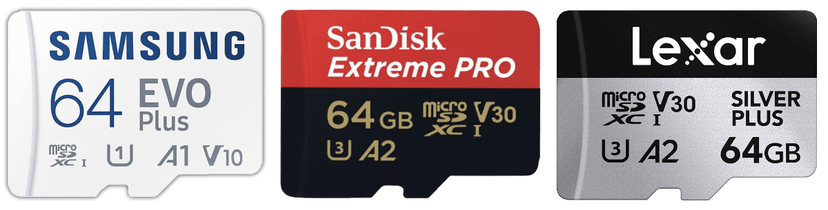 Questa immagine mostra tre schede microSD adatte alle riprese con GoPro.