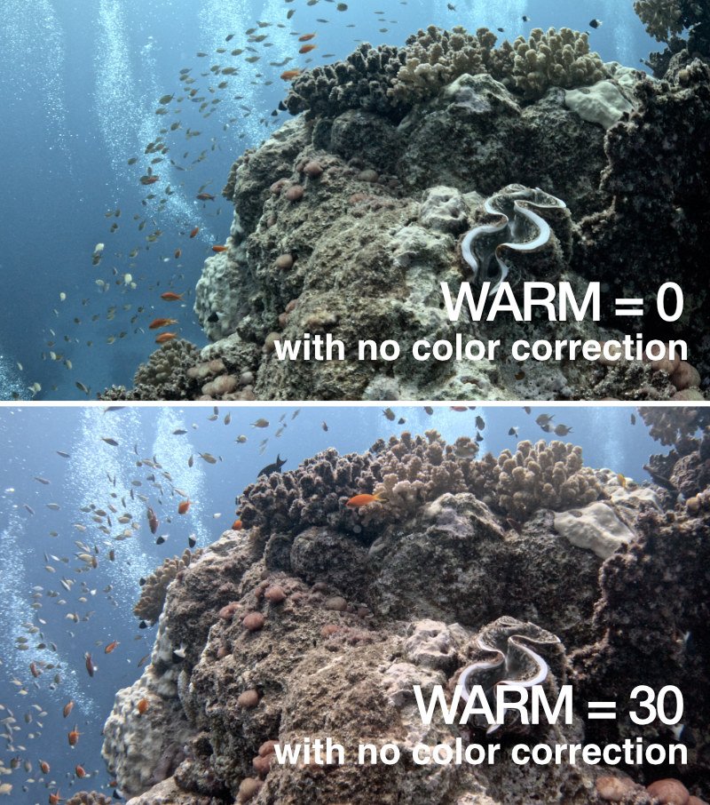 In questa foto si vede la comparativa tra un video impostato a WARM 0 e uno con WARM 30.
